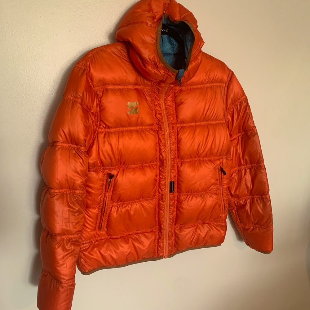 Mountain Force hooded reversible nylon quilted ski jacket orange/blue sz 38/Med